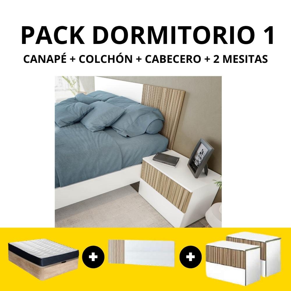 PACK DORMITORIO 1 (CANAPÉ+COLCHÓN+CABECERO+2MESITAS) - El Rey Del Descanso