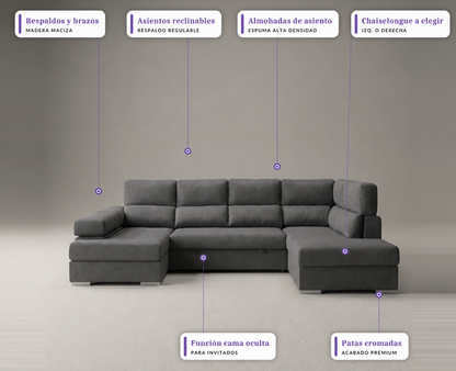 Sofá Chaiselongue MILANA Rinconera 345cm 4-5 Plazas Cama