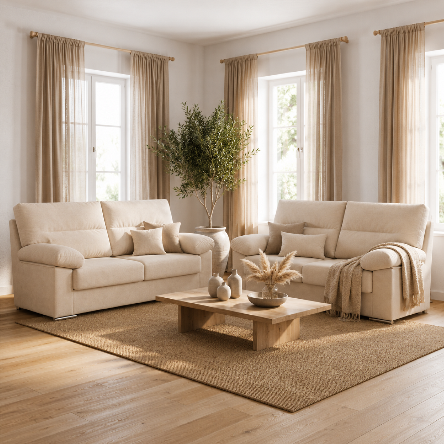 Sofá LINA 2 plazas en beige con tapizado antimanchas