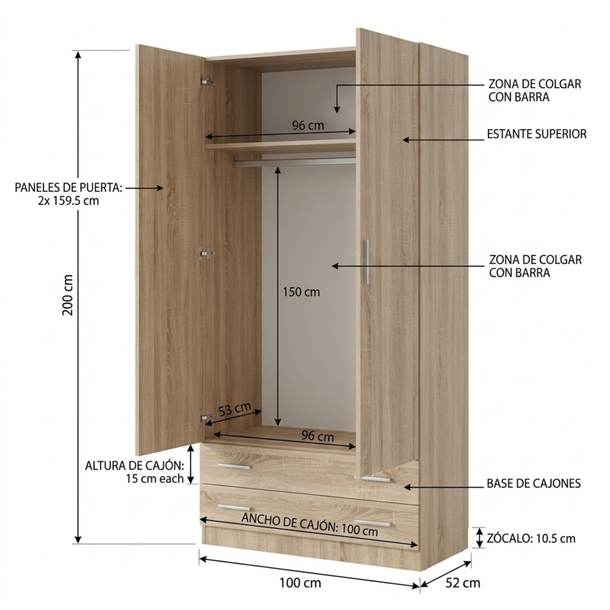 Armario Ropero 2 Puertas 100×200×52cm