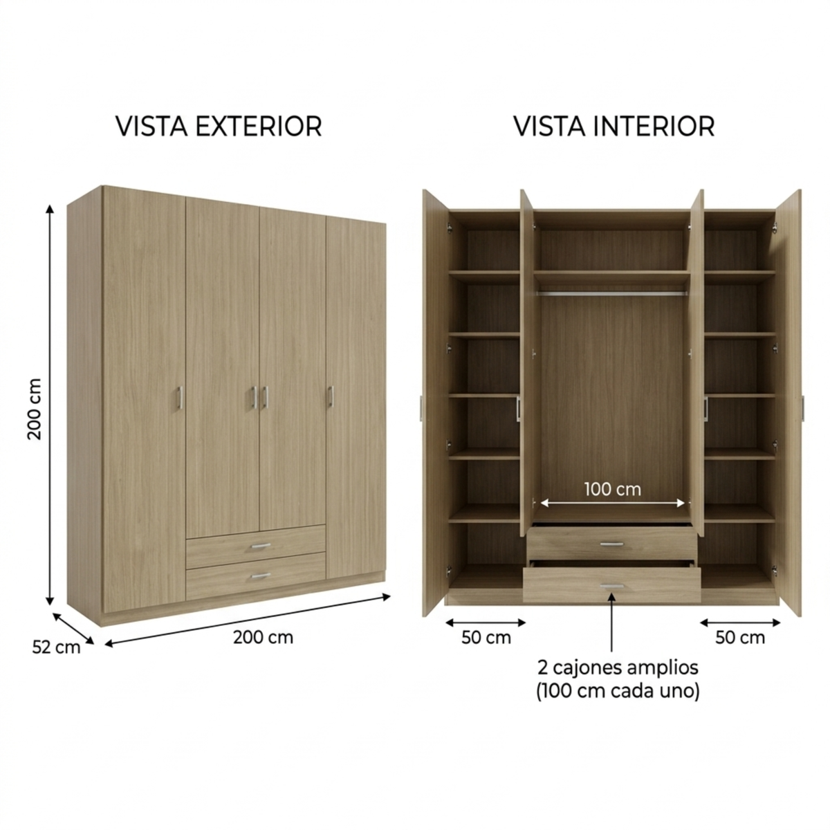Armario Ropero 4 Puertas 200×200×52cm