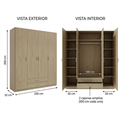 Armario Ropero 4 Puertas 200×200×52cm